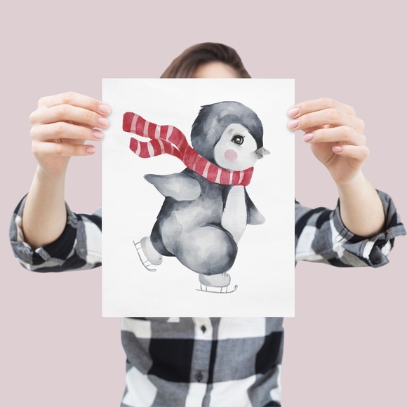 Wall Art Watercolor Christmas Penguin Illustration Print Poster Card Unframed - Picture 3 of 6